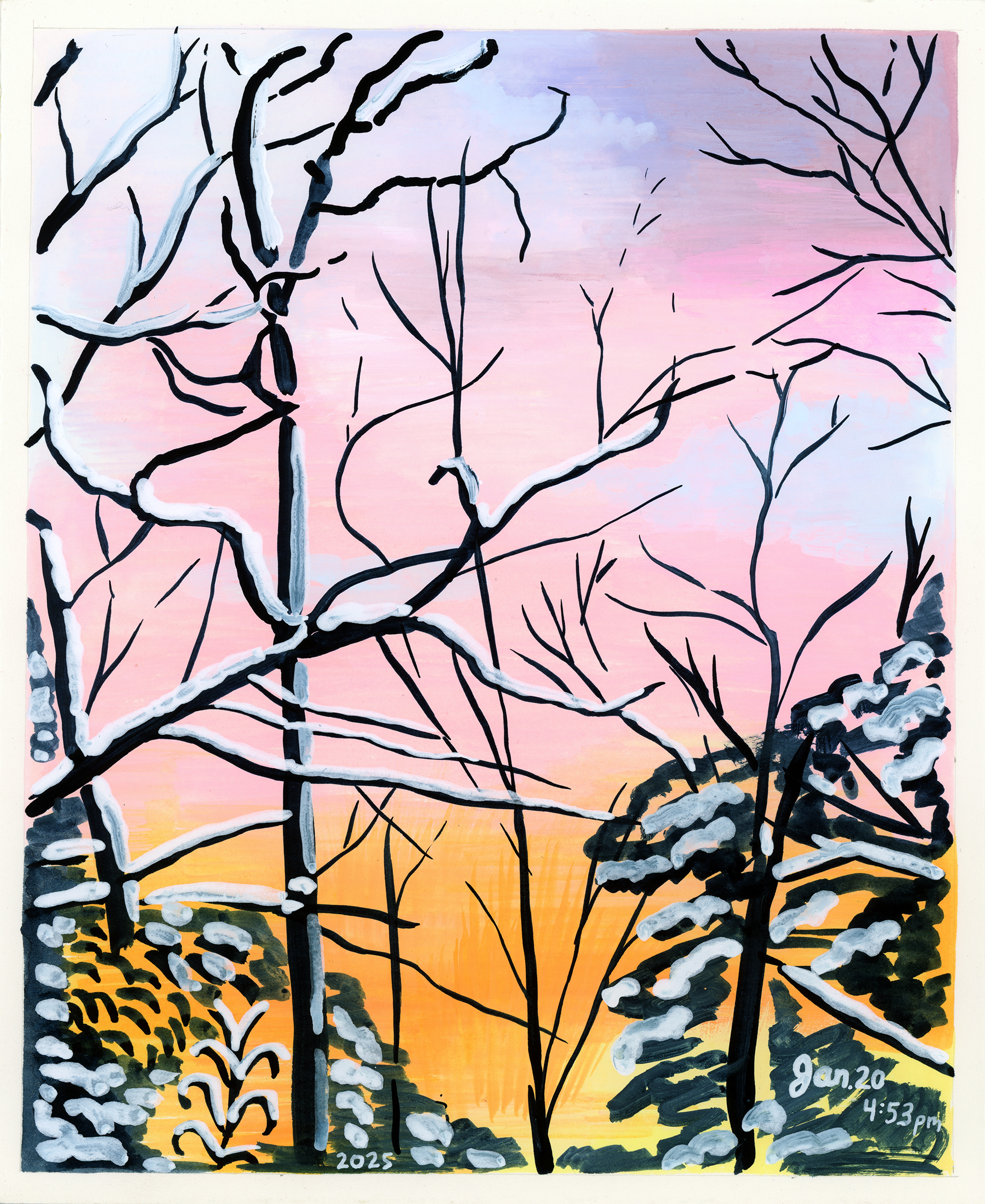Jan. 20, 5:53 pm, 2025, gouache on mat board, 10 x 8 in.