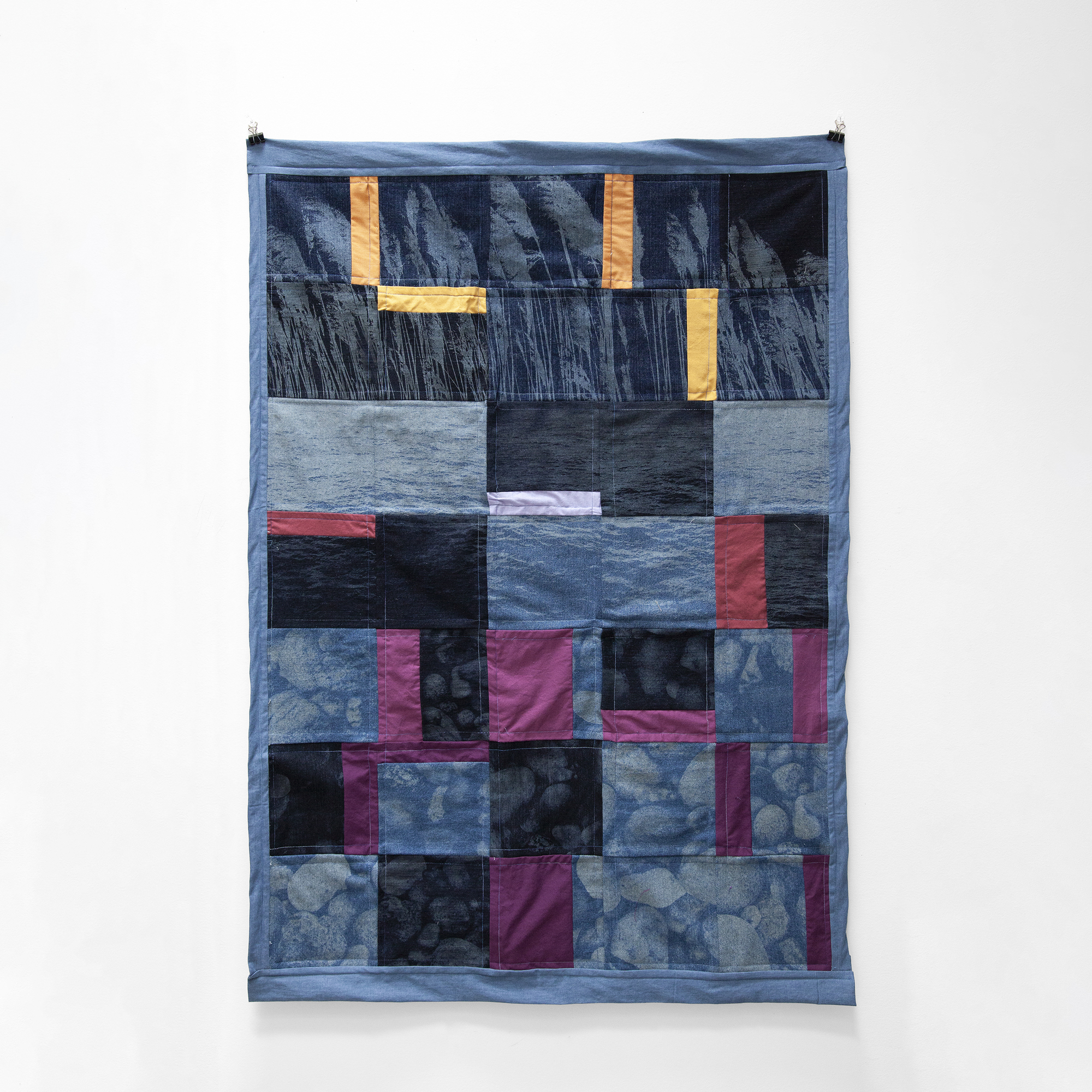 Beach Blanket, 2024, laser-etched denim, cotton fabric, thread, 24”x30”