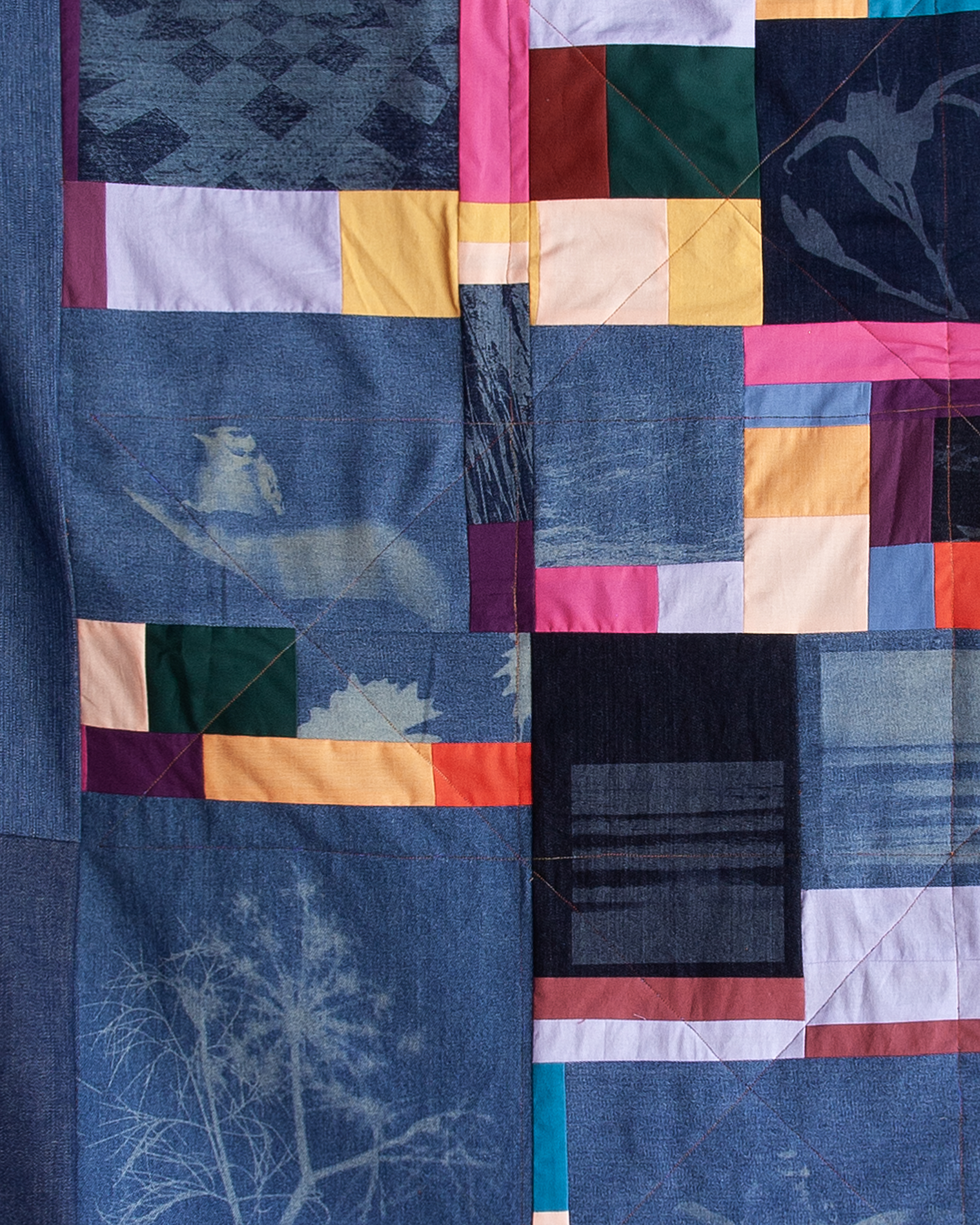 Leaves No Remnant, 2024 DETAIL, laser-etched denim, cotton fabric, worn jeans, thread 50” x 60”