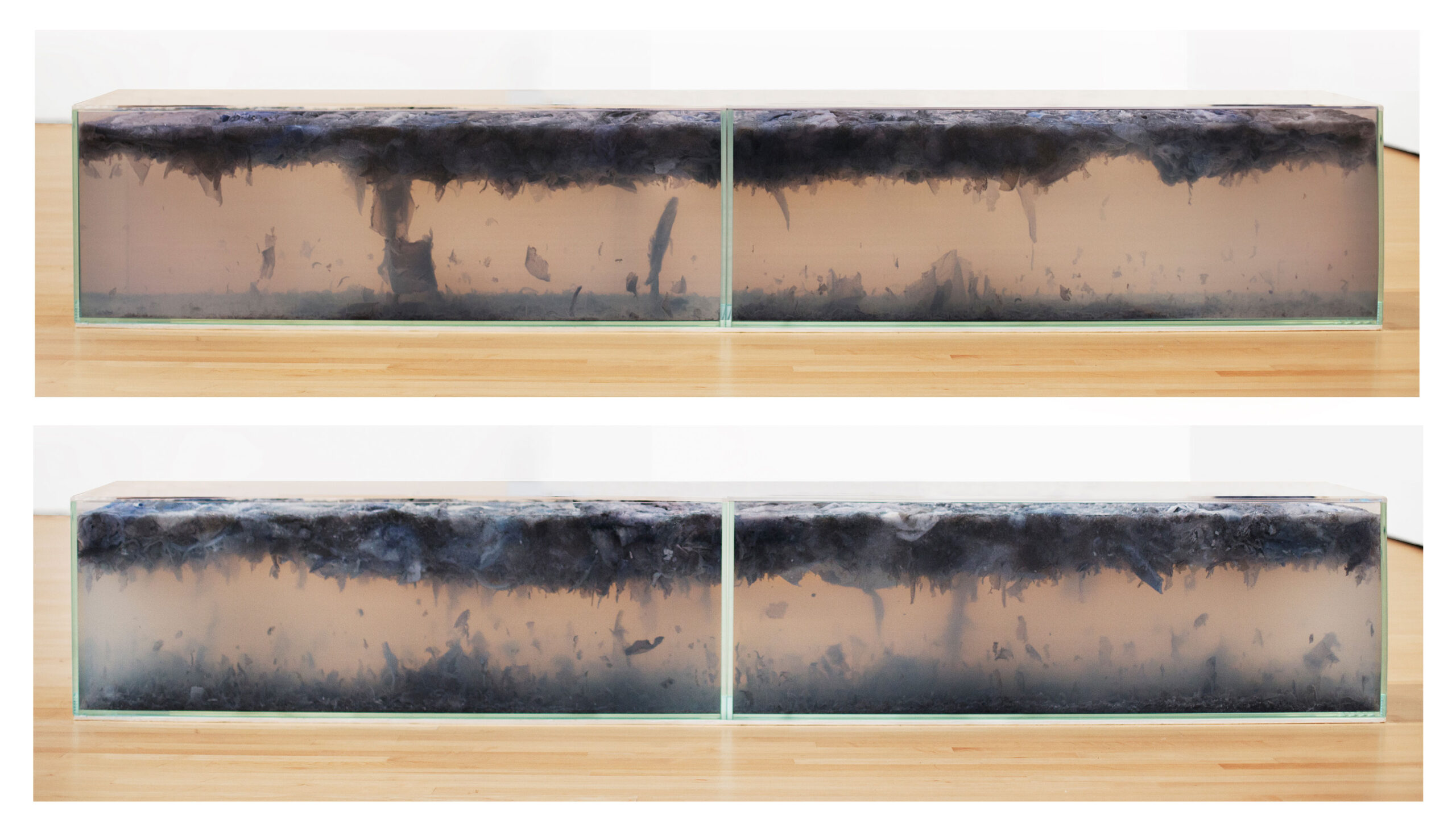 The Missouri River, 2017, 1000 prints on organic paper, archival pigment print on acrylic, glass tanks, water, Single channel video, size variable